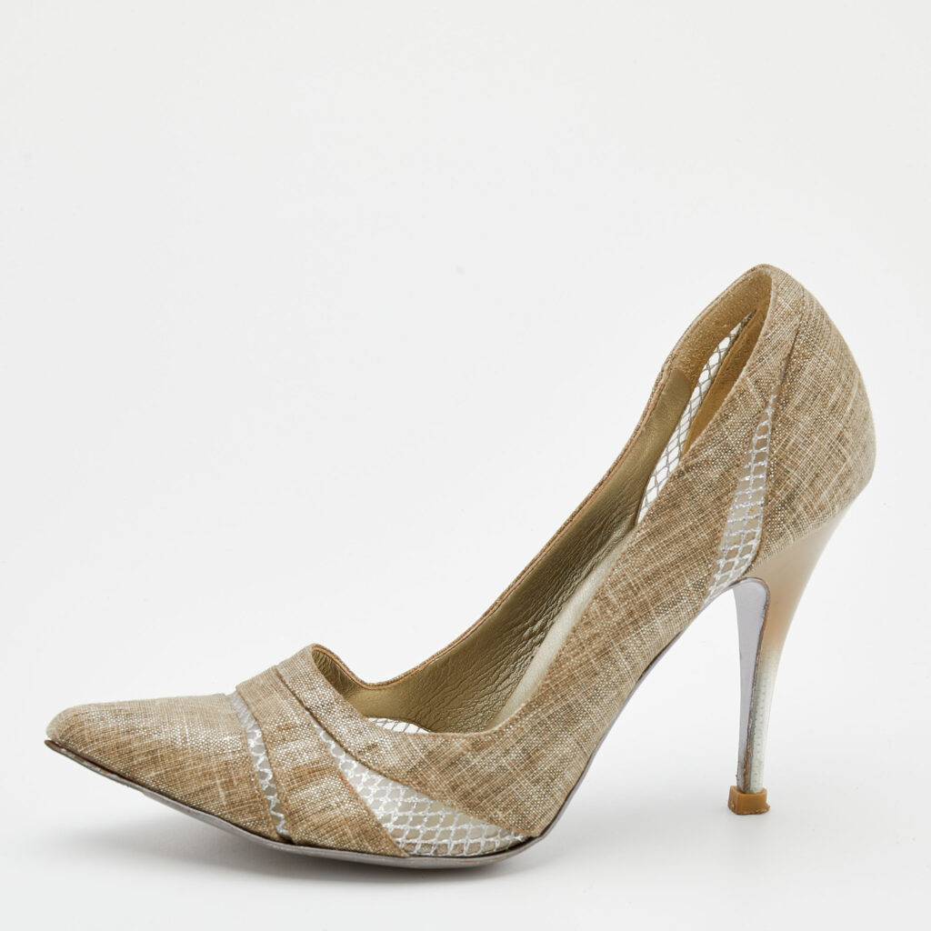 luxury-women-stella-mccartney-used-shoes-p671411-002-1 Stella McCartney Beige Fabric and Mesh Pointed Toe Pumps Size 38