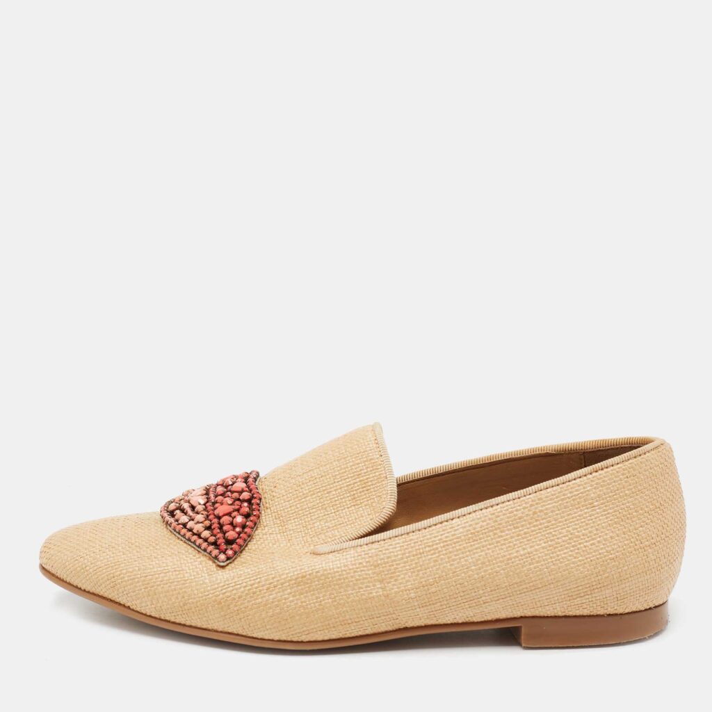 luxury-women-stella-mccartney-used-shoes-p674819-003-1 Stella McCartney Brown Woven Raffia Embellishment Tatami Smoking Slippers Size 35
