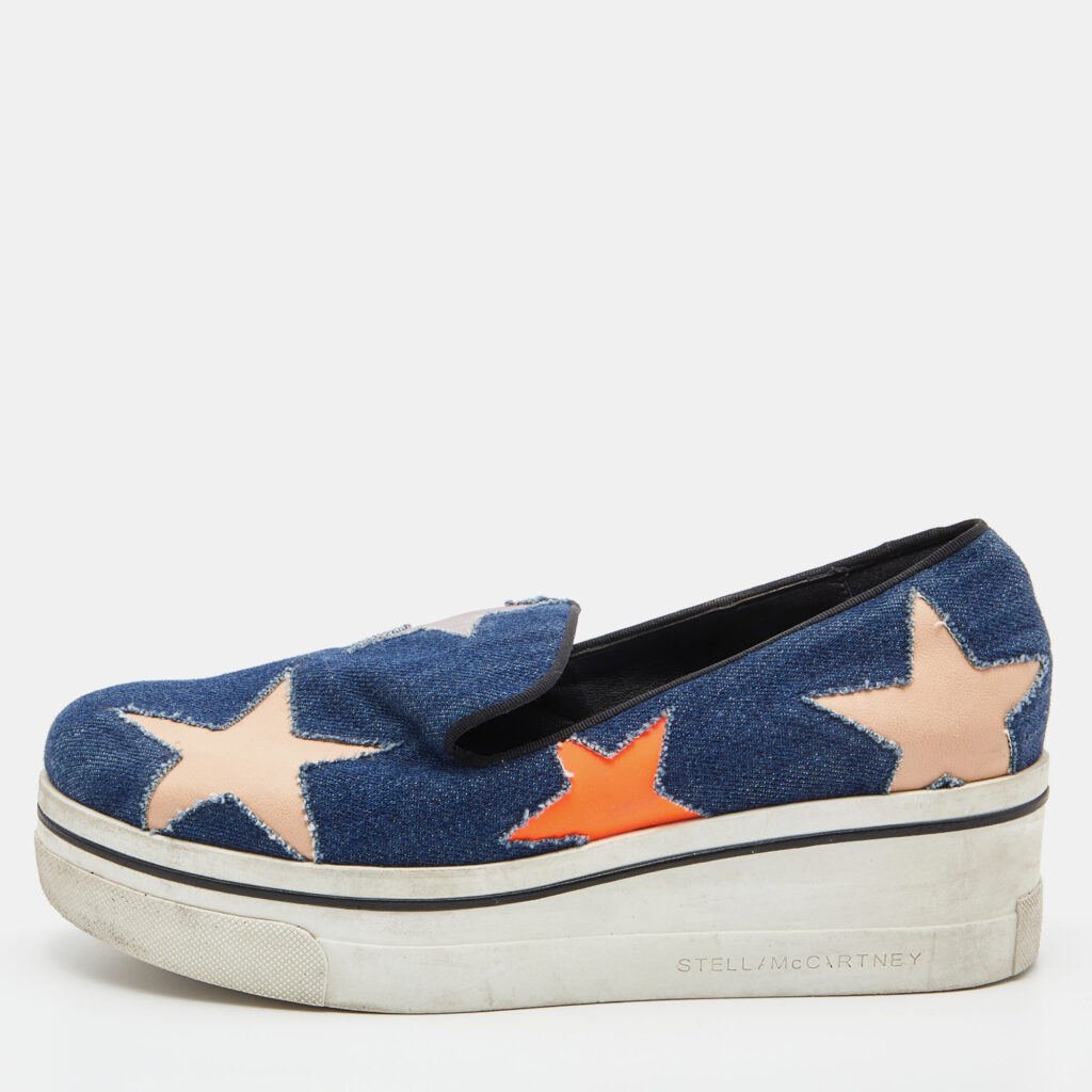 luxury-women-stella-mccartney-used-shoes-p834581-010 Stella McCartney Blue Denim and Leather Binx Star Platform Slip On Sneakers Size 38