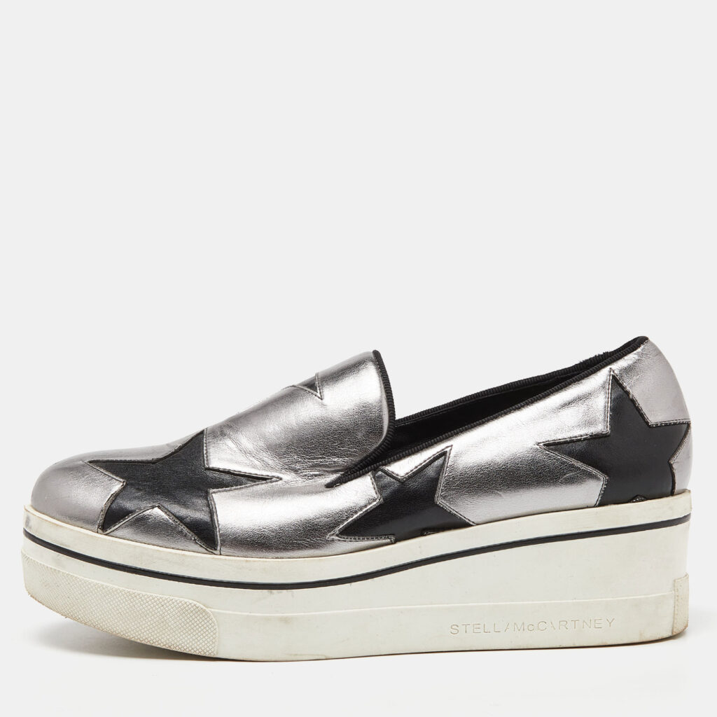 luxury-women-stella-mccartney-used-shoes-p918319-010 Stella McCartney Silver/Black Faux Leather Binx Star Slip On Sneakers Size 37