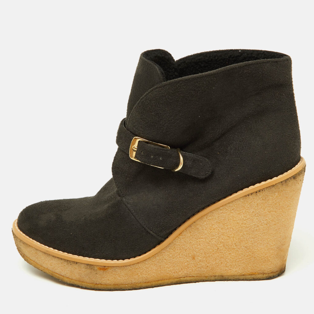 luxury-women-stella-mccartney-used-shoes-p970333-010 Stella McCartney Black Faux Suede Buckle Detail Wedge Ankle Booties Size 39