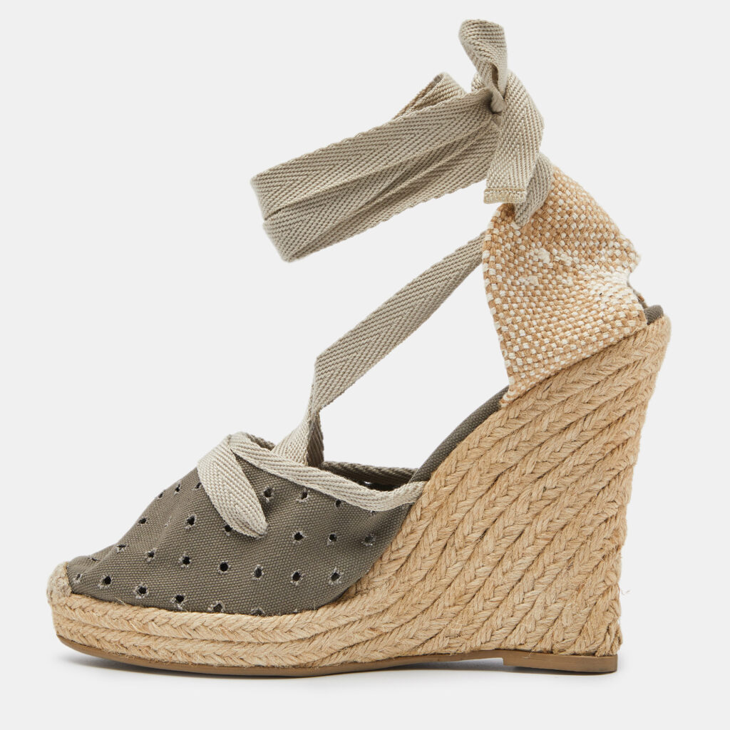 luxury-women-stella-mccartney-used-shoes-p999495-002 Stella McCartney Grey Fabric and Canvas Ankle Wrap Wedge Pumps Size 39