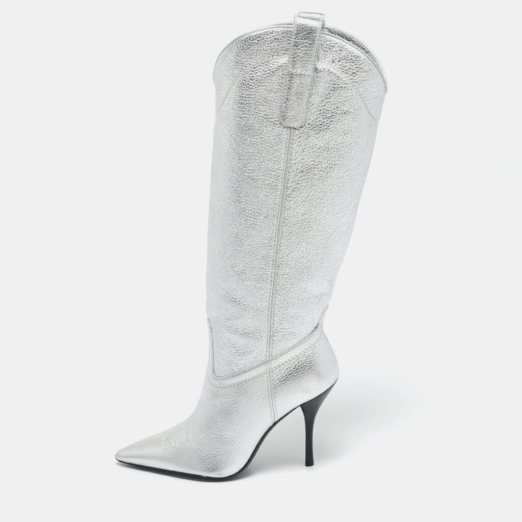 luxury-women-stuart-weitzman-new-shoes-p1133067-009 Stuart Weitzman Silver Leather Knee Length Boots Size 36