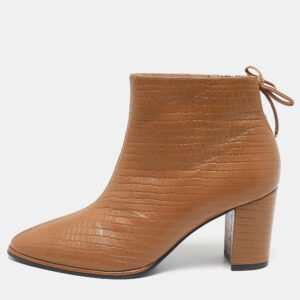 Stuart Weitzman Brown Croc Embossed Leather Ankle Length Boots Size 37.5