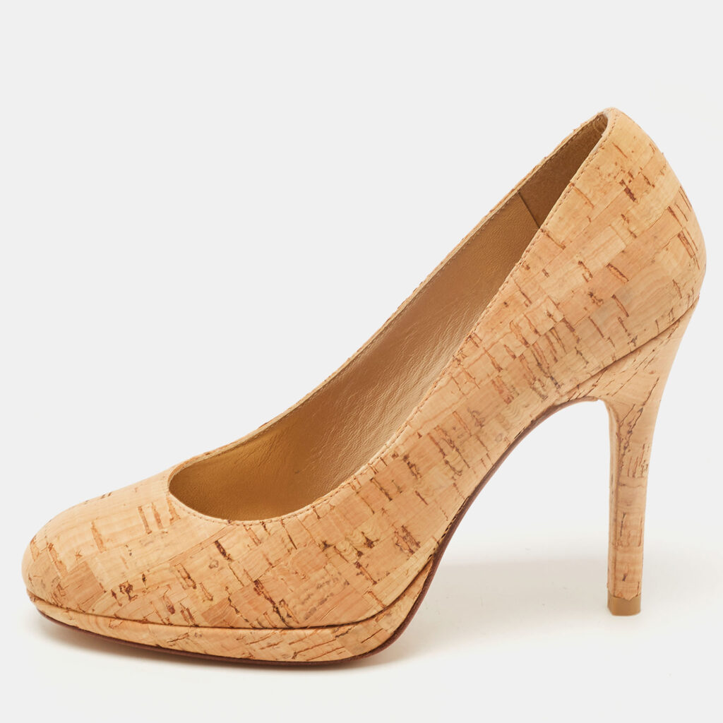 luxury-women-stuart-weitzman-new-shoes-p814613-011 Stuart Weitzman Beige Cork Round Toe Pumps Size 35.5