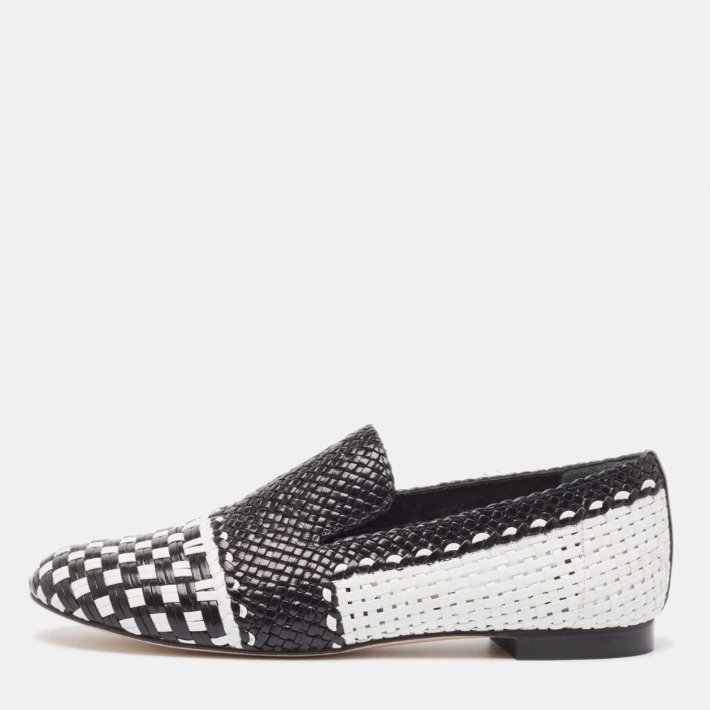 luxury-women-stuart-weitzman-new-shoes-p961388-003 Stuart Weitzman Black/White Woven Leather Riviera Smoking Slippers Size 36