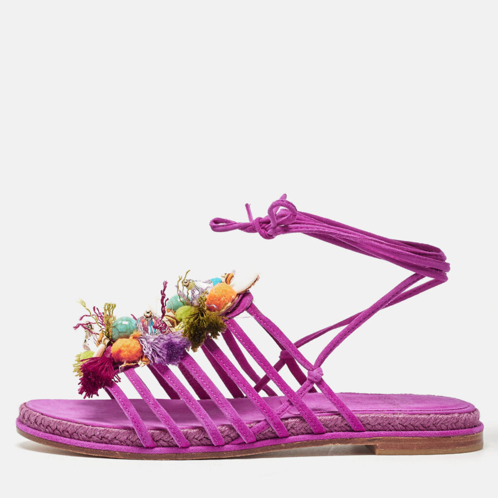luxury-women-stuart-weitzman-new-shoes-p963975-010 Stuart Weitzman Pink Suede Embellished Lace Up Slide Flats Size 36