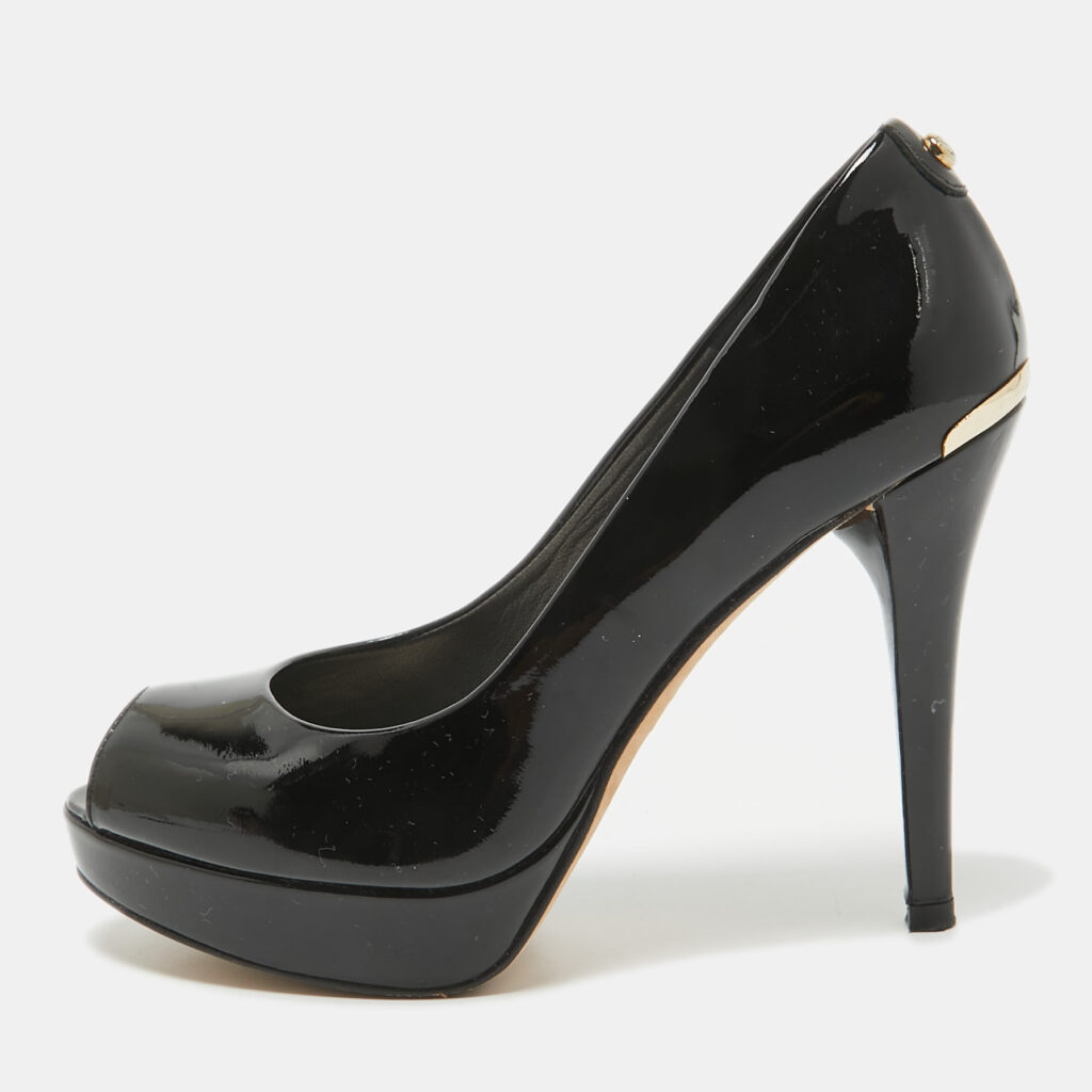 luxury-women-stuart-weitzman-used-shoes-p1030380-001 Stuart Weitzman Black Patent Leather Peep Toe Pumps Size 36