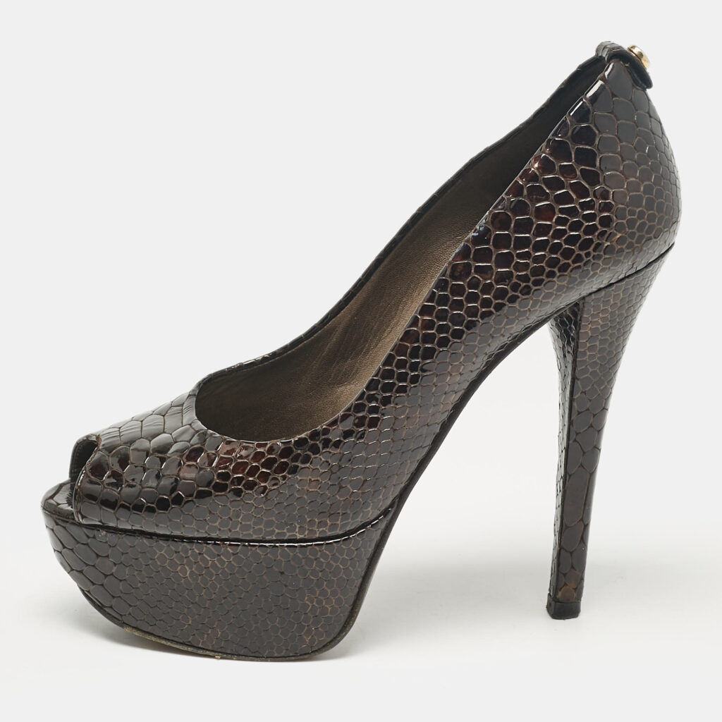 luxury-women-stuart-weitzman-used-shoes-p1038876-001 Stuart Weitzman Brown Croc Embossed Patent Leather Peep Toe Pumps Size 36.5