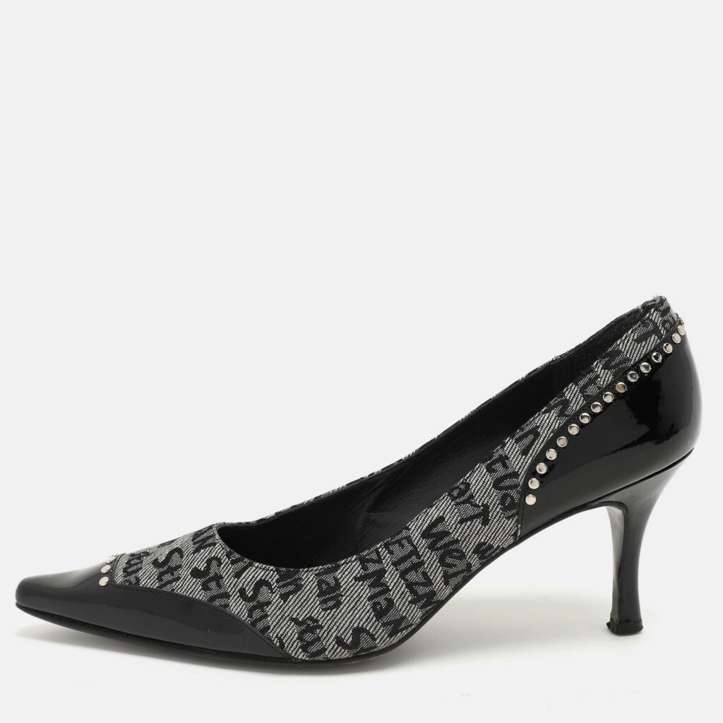 luxury-women-stuart-weitzman-used-shoes-p1055535-010 Stuart Weitzman Black/Grey Signature Canvas and Patent Leather Embellished Pumps Size 39.5
