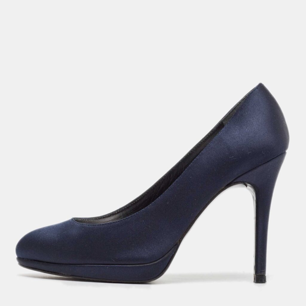 luxury-women-stuart-weitzman-used-shoes-p1076259-003 Stuart Weitzman Navy Blue Satin Round Toe Platform Pumps Size 38