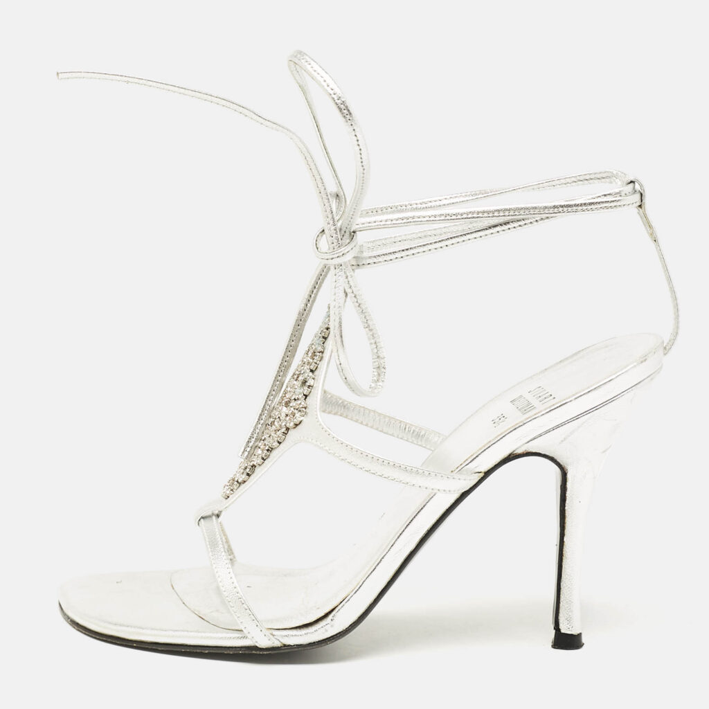 luxury-women-stuart-weitzman-used-shoes-p1077532-010 Stuart Weitzman Silver Leather Crystal Embellished Ankle Strap Sandals Size 35.5