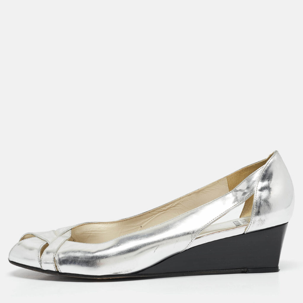 luxury-women-stuart-weitzman-used-shoes-p1095808-010 Stuart Weitzman Silver Leather Wedge Peep Toe Pumps Size 39