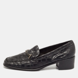 Stuart Weitzman Black Croc Embossed Leather Slip On Loafers Size 37.5