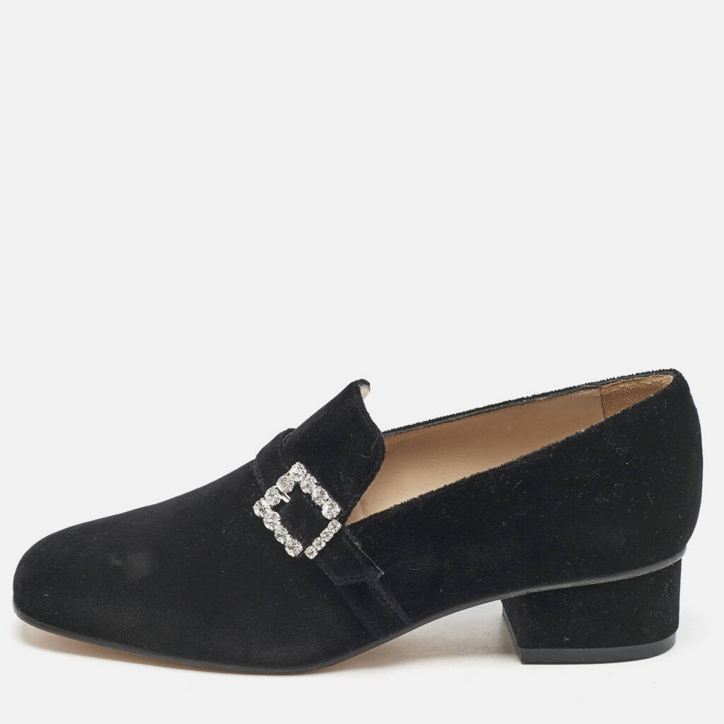luxury-women-stuart-weitzman-used-shoes-p1124629-001 Stuart Weitzman Black Velvet Crystal Buckle Embellished Loafers Size 37