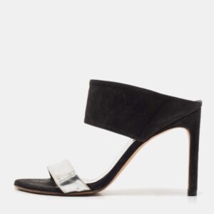 Stuart Weitzman Black/Silver Suede and  Leather Slide Sandals Size 37.5