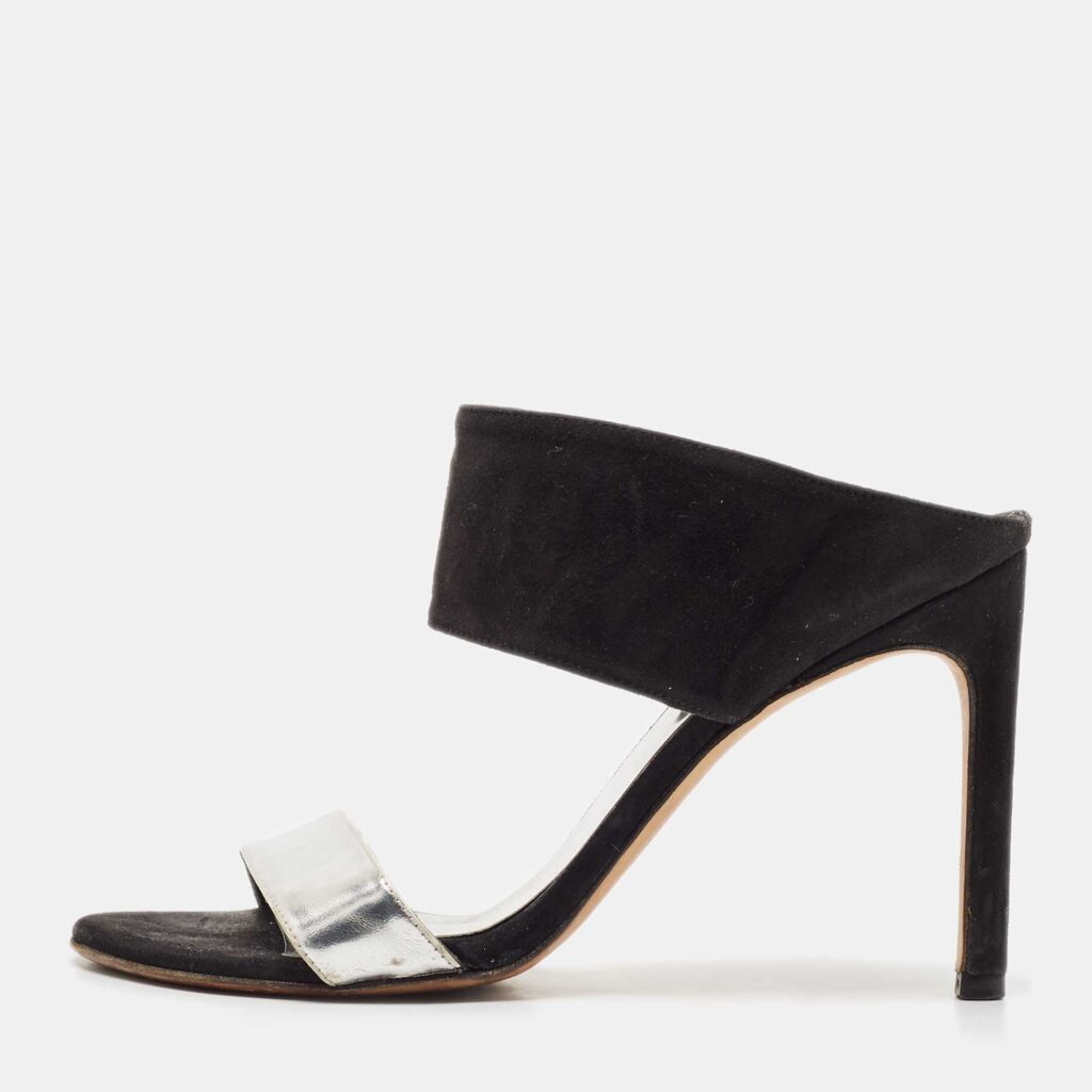 luxury-women-stuart-weitzman-used-shoes-p1129200-003 Stuart Weitzman Black/Silver Suede and Leather Slide Sandals Size 37.5