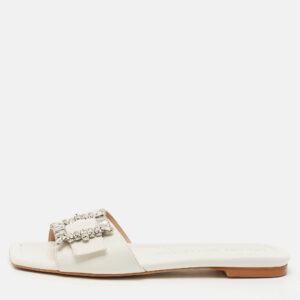 Stuart Weitzman White Leather Crystal Embellished Slide Sandals Size 37