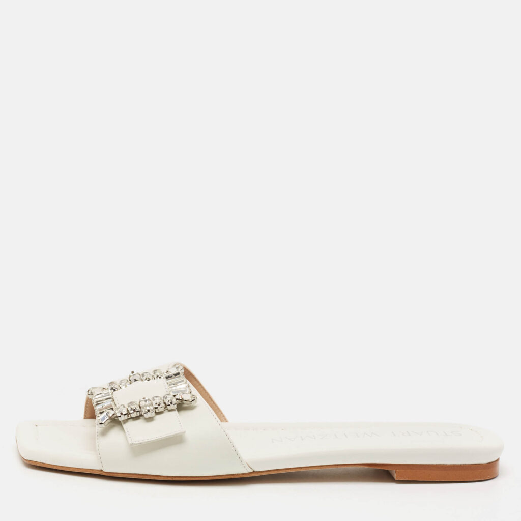 Stuart Weitzman White Leather Crystal Embellished Slide Sandals Size 37
