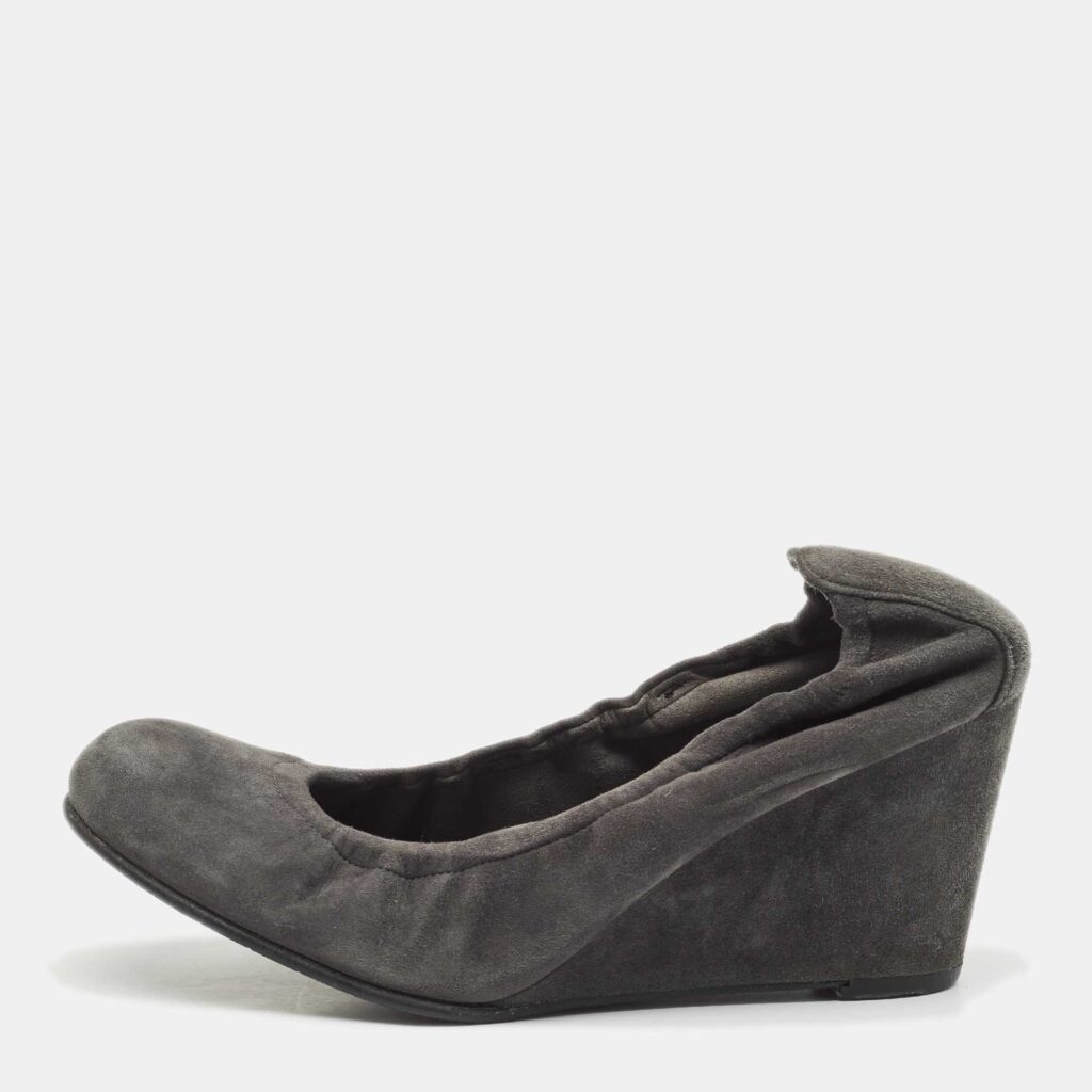 luxury-women-stuart-weitzman-used-shoes-p1144488-003 Stuart Weitzman Dark Grey Suede Scrunch Wedge Pumps Size 37.5