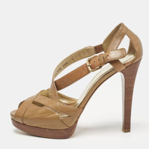 Stuart Weitzman Brown Leather Ankle Strap Peep Toe Sandals Size 39.5