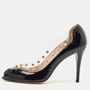 Stuart Weitzman Black Patent Leather and PVC Studded Peep Toe Pumps Size 38.5