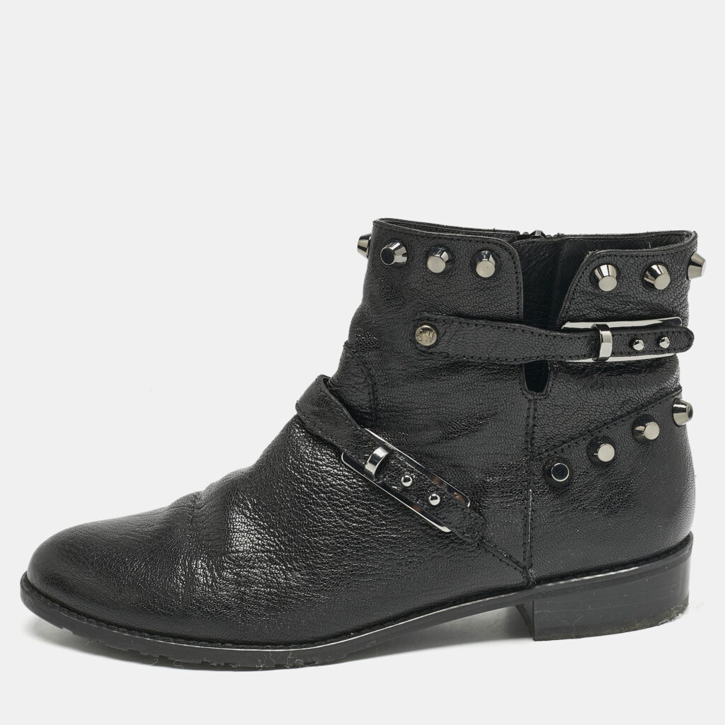 luxury-women-stuart-weitzman-used-shoes-p1159943-002 Stuart Weitzman Black Leather Studded Go West Ankle Boots Size 38