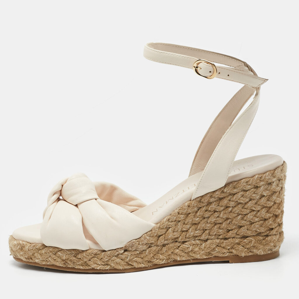 luxury-women-stuart-weitzman-used-shoes-p1163443-002.jpg Stuart Weitzman Cream Leather Rosemarie Wedge Espadrille Sandals Size 37