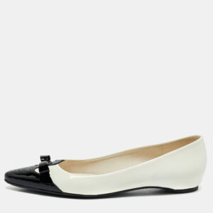 stuart weitzman white/black patent leather pointed toe ribbon ballet flats size 39