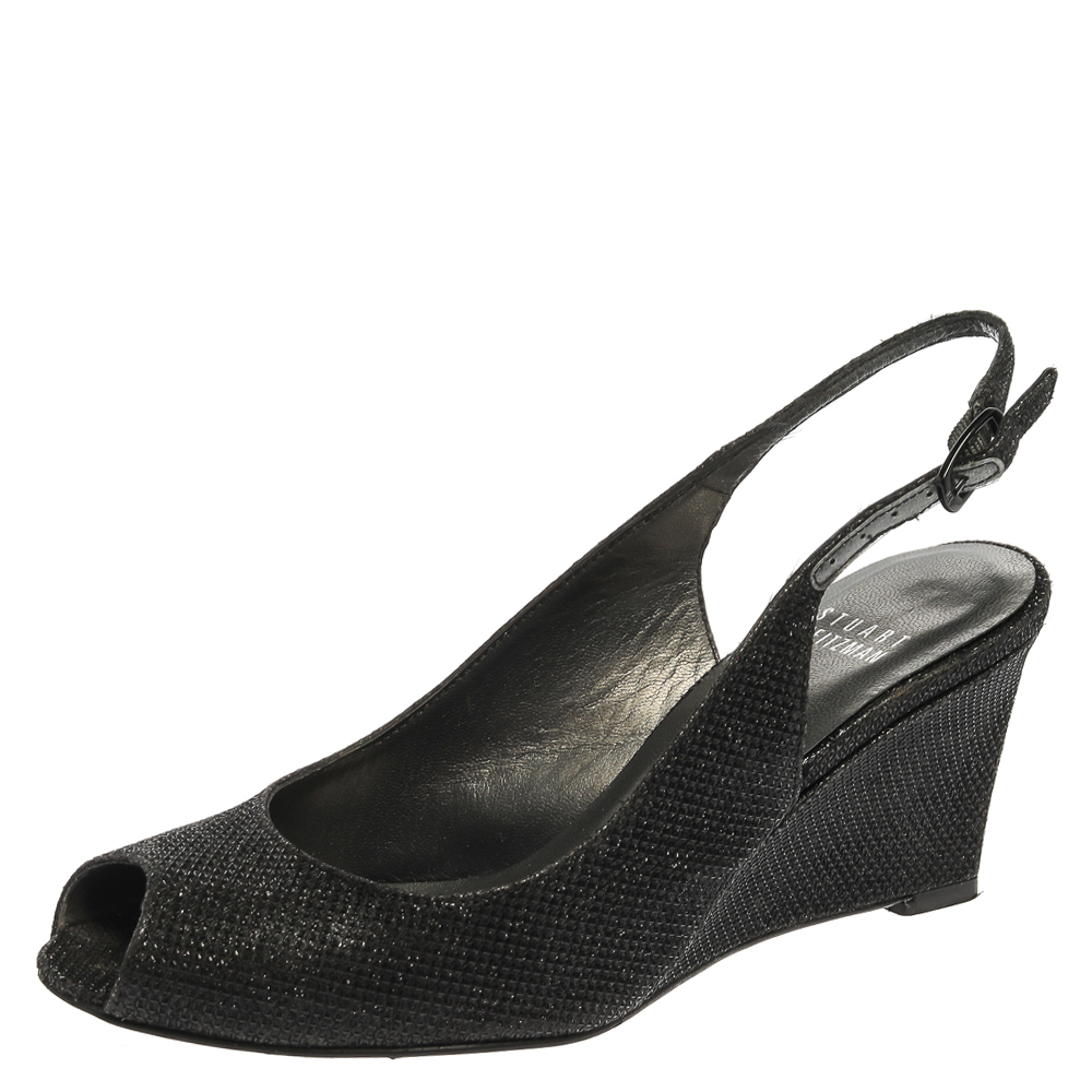 luxury-women-stuart-weitzman-used-shoes-p357052-001 Stuart Weitzman Black Glitter Fabric Slingback Wedge Sandals Size 36