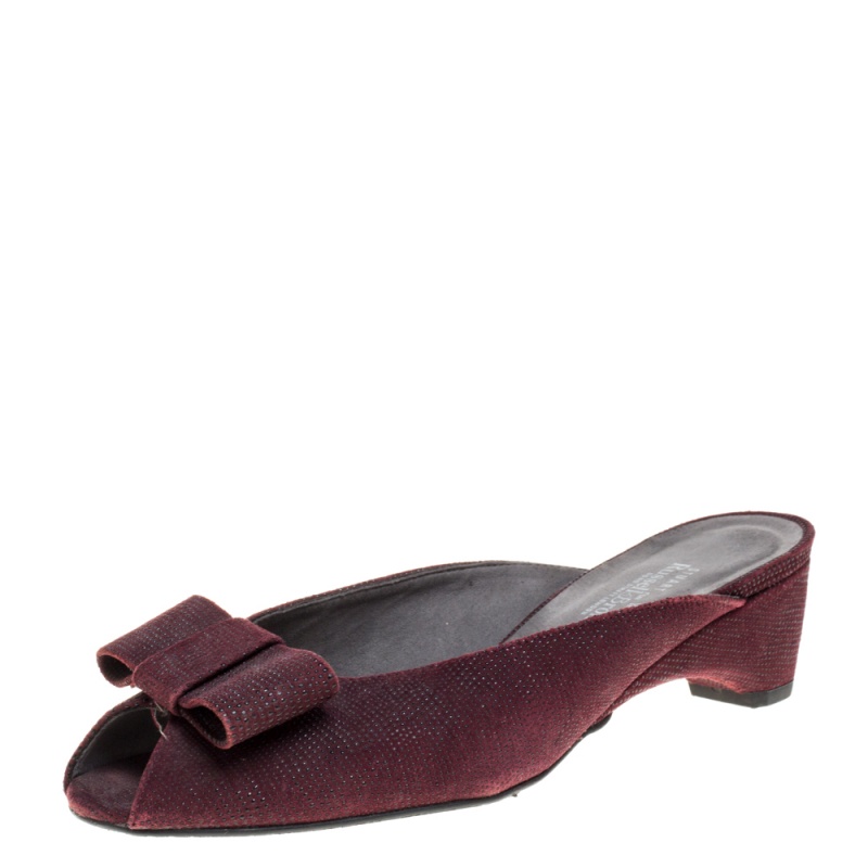 luxury-women-stuart-weitzman-used-shoes-p366715-1607528357-003 Stuart Weitzman Burgundy Textured Suede Bow Peep Toe Slide Sandals Size 38