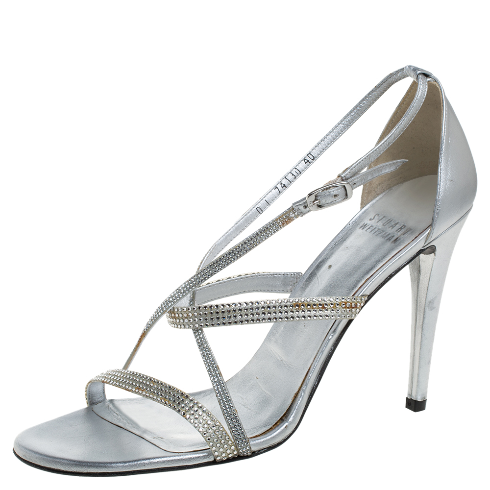 luxury-women-stuart-weitzman-used-shoes-p392219-003 Stuart Weitzman Silver Leather Crystal Embellished Strappy Sandals Size 40