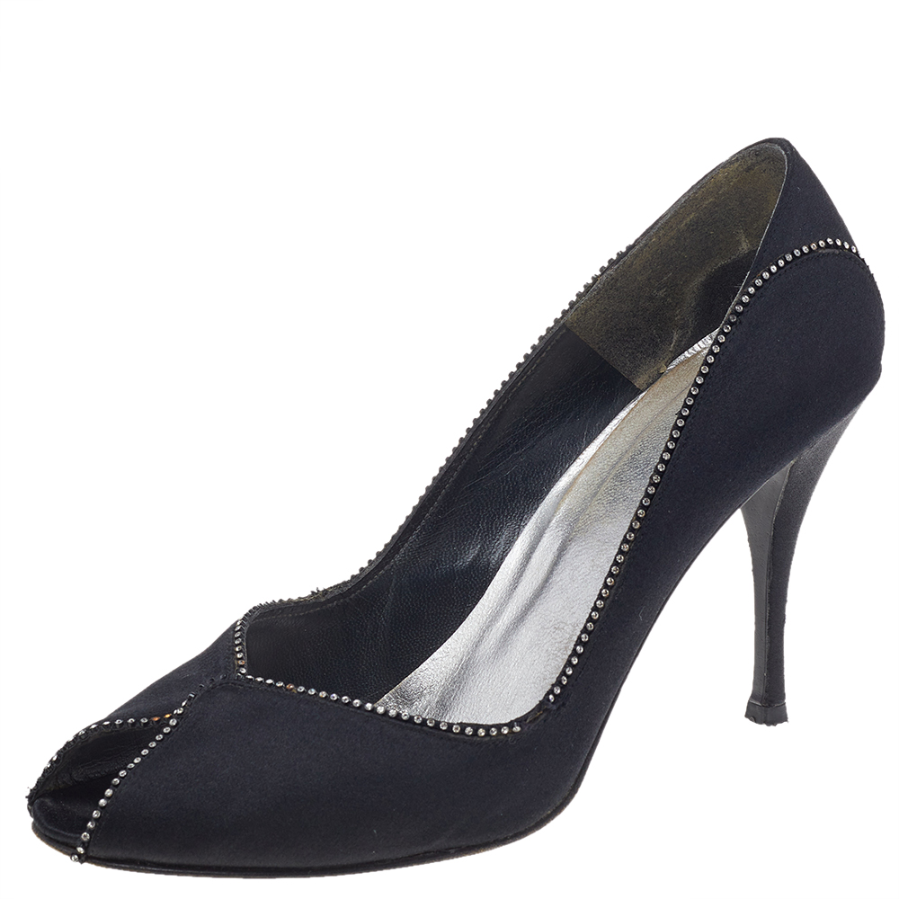 luxury-women-stuart-weitzman-used-shoes-p491854-002 Stuart Weitzman Black Satin Embellished Peep Toe Pumps Size 40