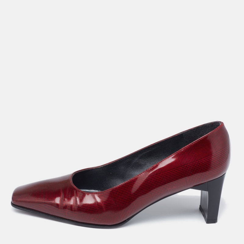 luxury-women-stuart-weitzman-used-shoes-p627667-1650429583-003 Stuart Weitzman Burgundy Printed Patent Leather Square Toe Pumps Size 36
