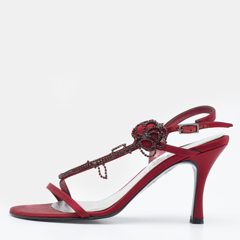 luxury-women-stuart-weitzman-used-shoes-p647665-002-1 Stuart Weitzman Burgundy Satin Crystal Embellished Slingback Sandals Size 37