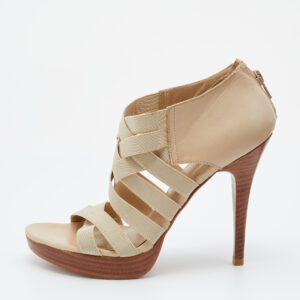 Stuart Weitzman Cream Leather and Elastic Fabric Cross Strap Sandals Size 38.5
