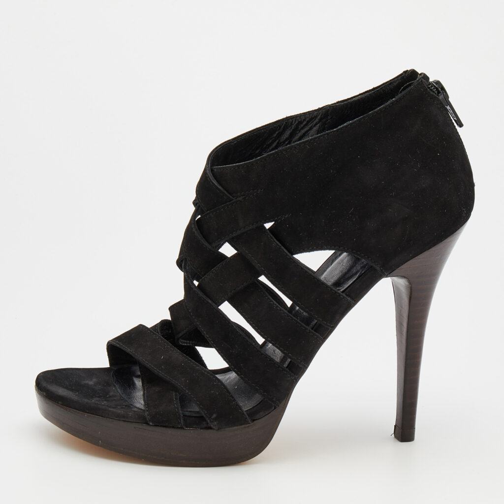 luxury-women-stuart-weitzman-used-shoes-p693127-002-1 Stuart Weitzman Black Suede Cross Strap Sandals Size 38.5