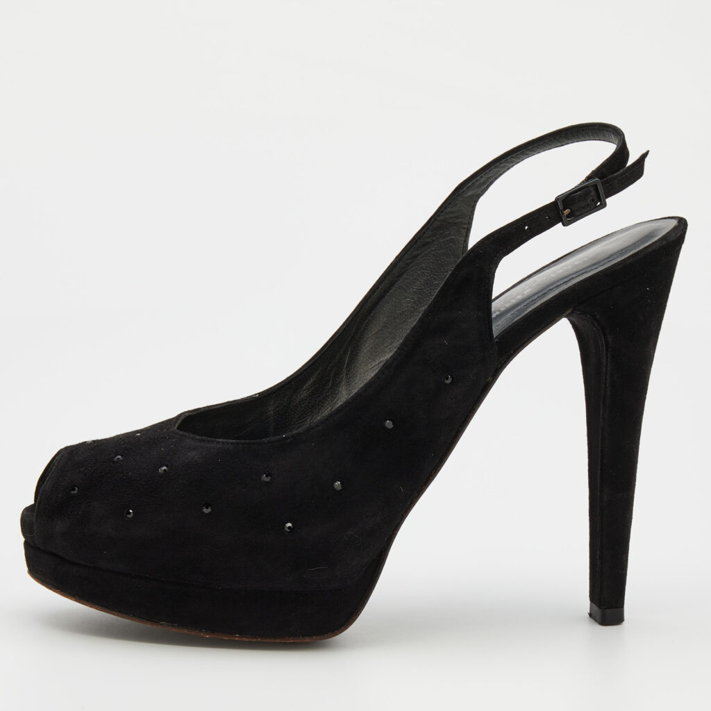luxury-women-stuart-weitzman-used-shoes-p701342-002-1 Stuart Weitzman Black Suede Crystal Embellished Platform Slingback Sandals Size 39.5