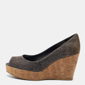 Stuart Weitzman Grey Lurex Fabric Anna Cork Wedge Platform Peep Toe Pumps Size 37