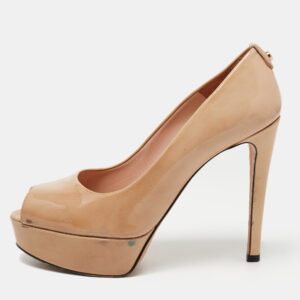 Stuart Weitzman Beige Patent Leather Platform Peep Toe Pumps Size 38