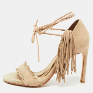 Stuart Weitzman Beige Suede Fringe Ankle Wrap Sandals Size 36