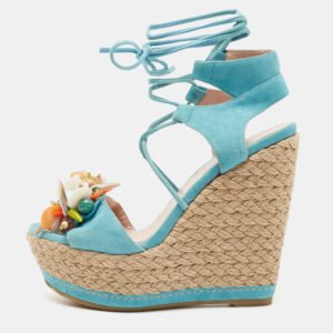 Stuart Weitzman Blue Suede Lace Up Wedge Sandals Size 36