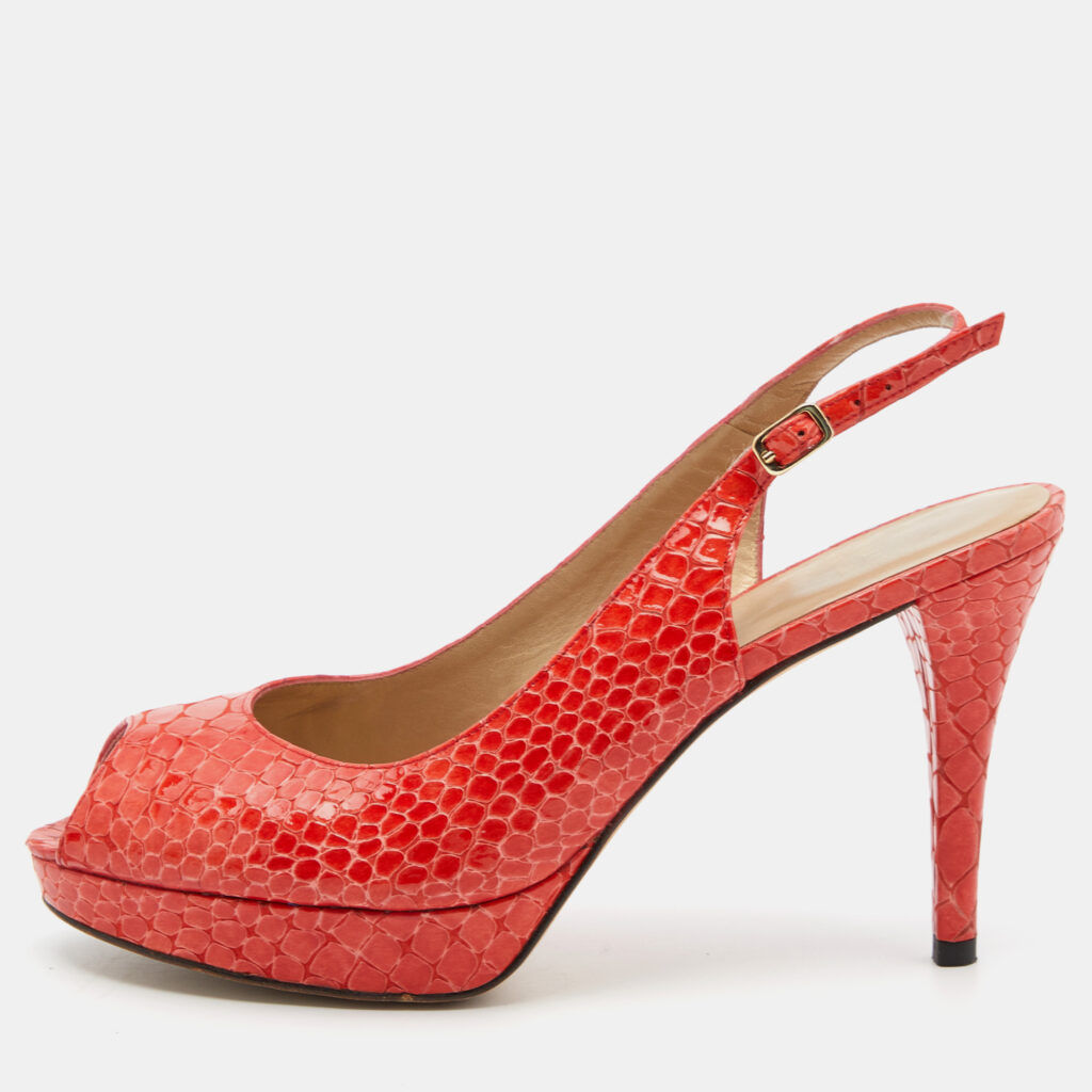 luxury-women-stuart-weitzman-used-shoes-p814308-003 Stuart Weitzman Orange Python Embossed Leather Peep Toe Platform Slingback Pumps Size 40