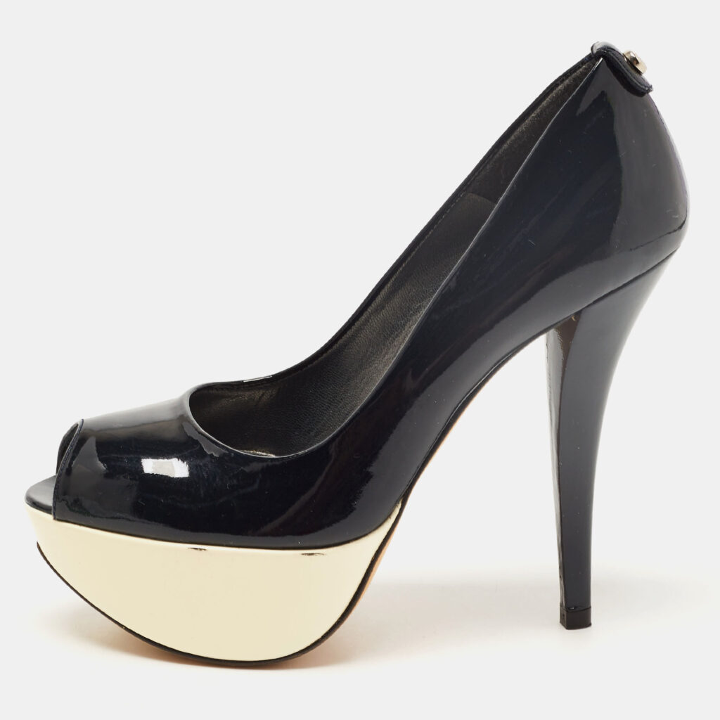 luxury-women-stuart-weitzman-used-shoes-p814616-010 Stuart Weitzman Black Patent Leather Platform Peep Toe Pumps Size 35.5