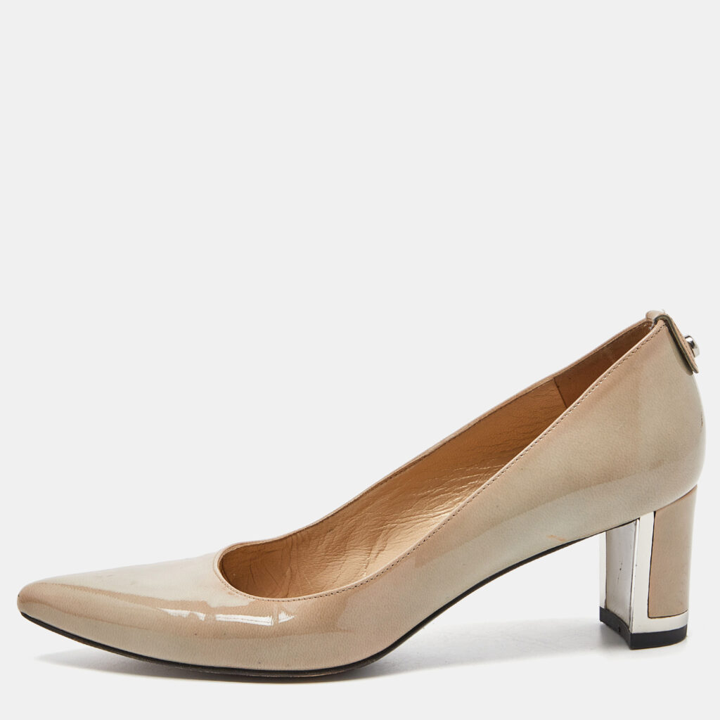 luxury-women-stuart-weitzman-used-shoes-p839136-003 Stuart Weitzman Grey Patent Leather Pointed Toe Pumps Size 37