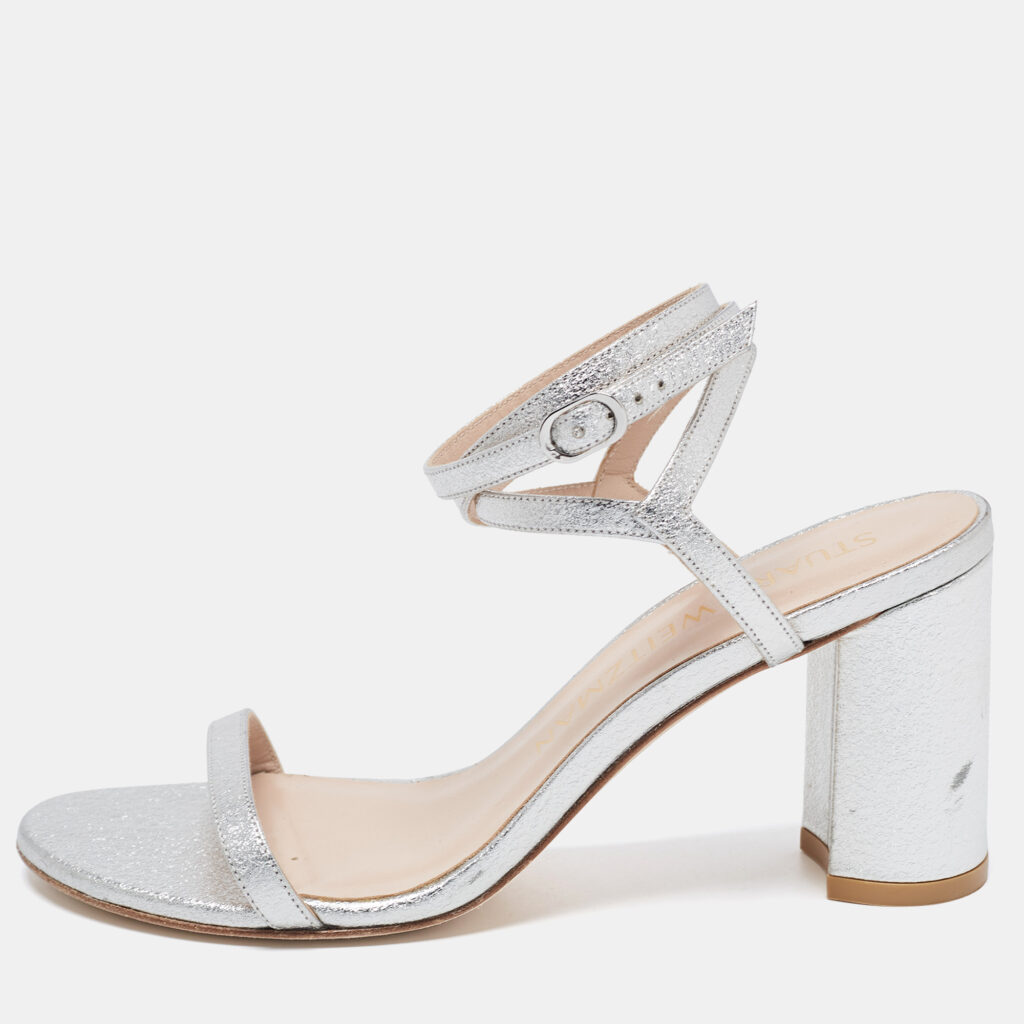 luxury-women-stuart-weitzman-used-shoes-p864983-010 Stuart Weitzman Silver Leather Ankle Wrap Sandals Size 38.5