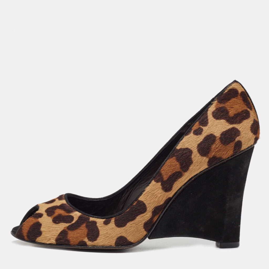 luxury-women-stuart-weitzman-used-shoes-p891282-003 Stuart Weitzman Brown/Beige Animal Print Calf Hair Peep Toe Wedge Pumps Size 38