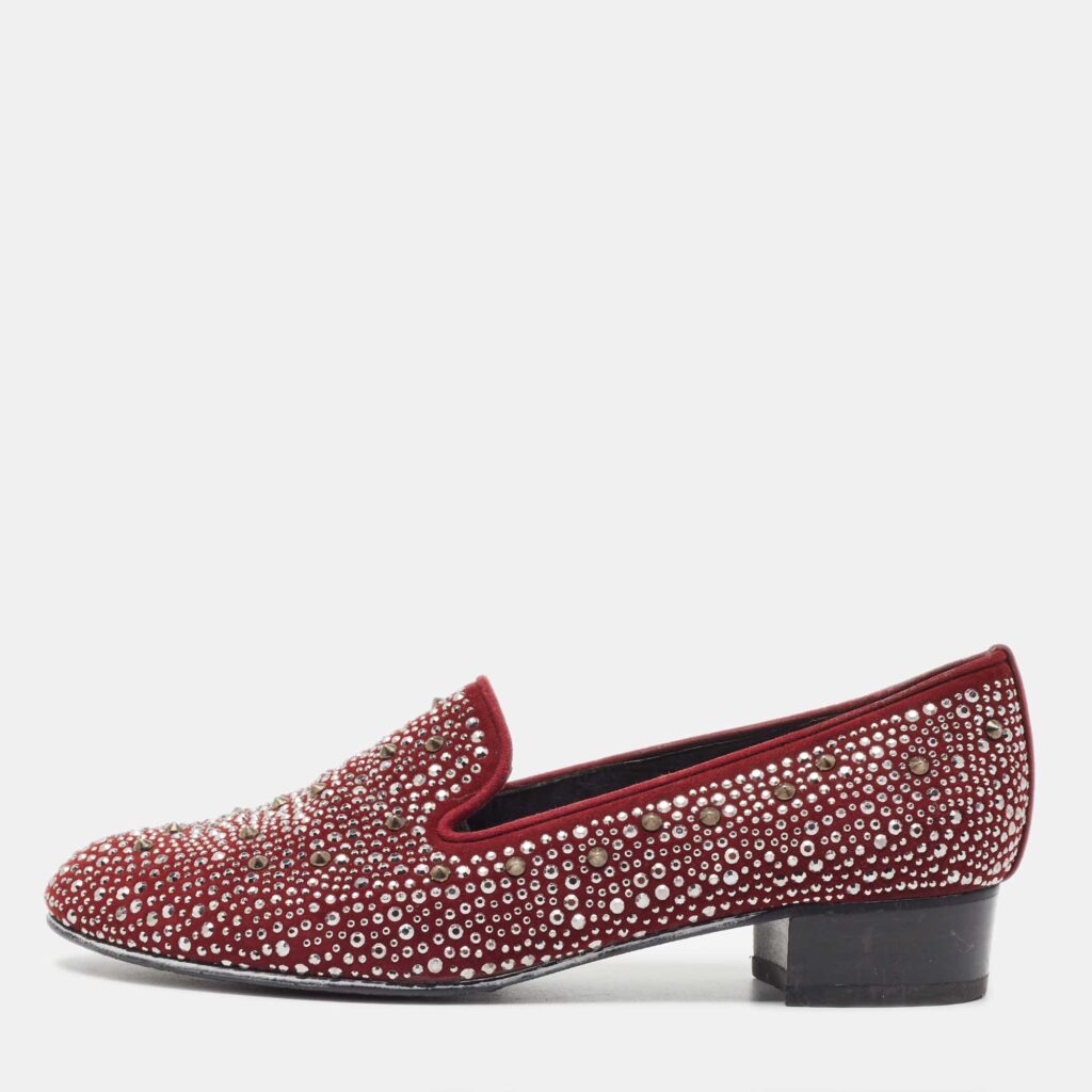 luxury-women-stuart-weitzman-used-shoes-p904187-003 Stuart Weitzman Burgundy Suede Crystal Embellished Studded Smoking Slippers Size 37.5