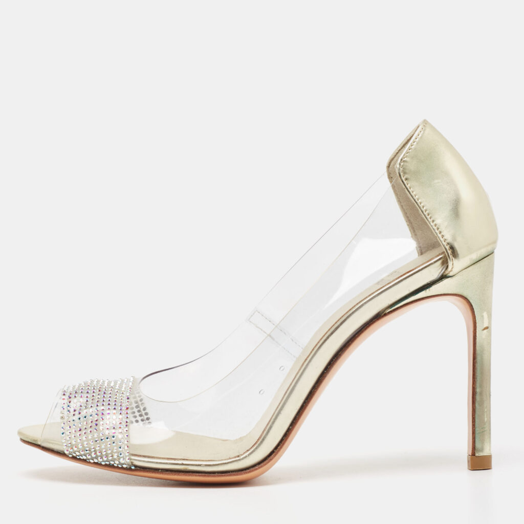 luxury-women-stuart-weitzman-used-shoes-p909174-010 Stuart Weitzman Gold Leather and PVC Crystal Embellished Open Toe Pumps Size 38.5