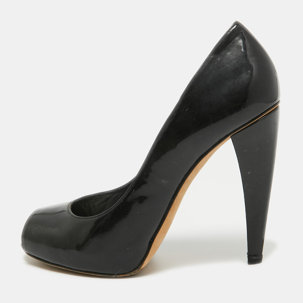 luxury-women-stuart-weitzman-used-shoes-p922005-001 Stuart Weitzman Black Patent Platform Round Toe Pumps Size 39.5